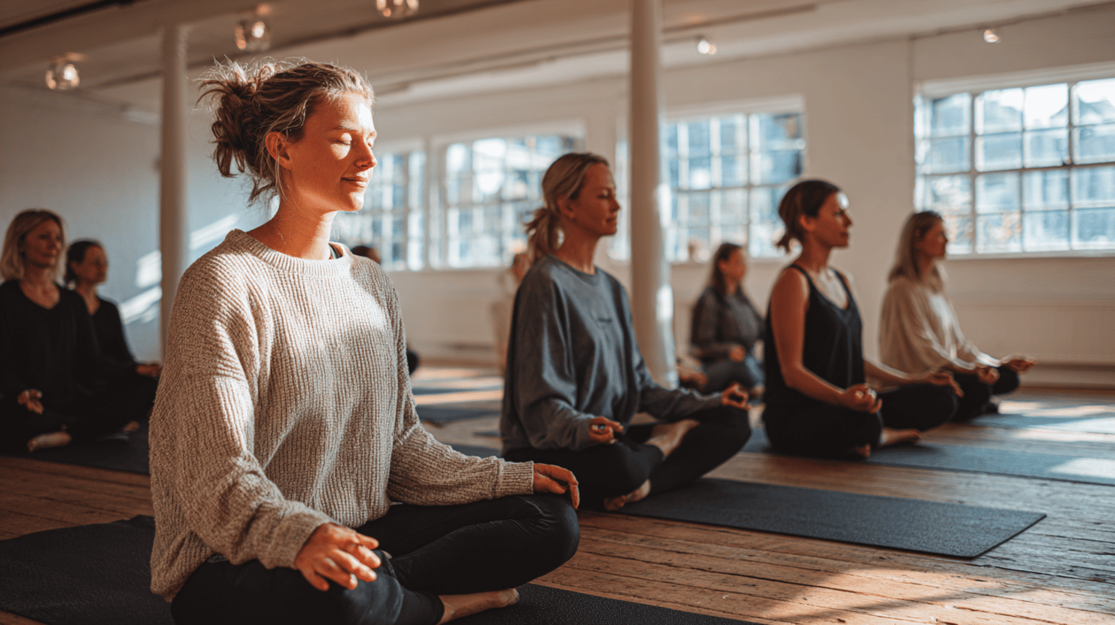 Women meditating together on yoga mats